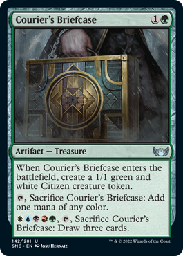 Courier's Briefcase
 When Courier's Briefcase enters the battlefield, create a 1/1 green and white Citizen creature token.
{T}, Sacrifice Courier's Briefcase: Add one mana of any color.
{W}{U}{B}{R}{G}, {T}, Sacrifice Courier's Briefcase: Draw three cards.